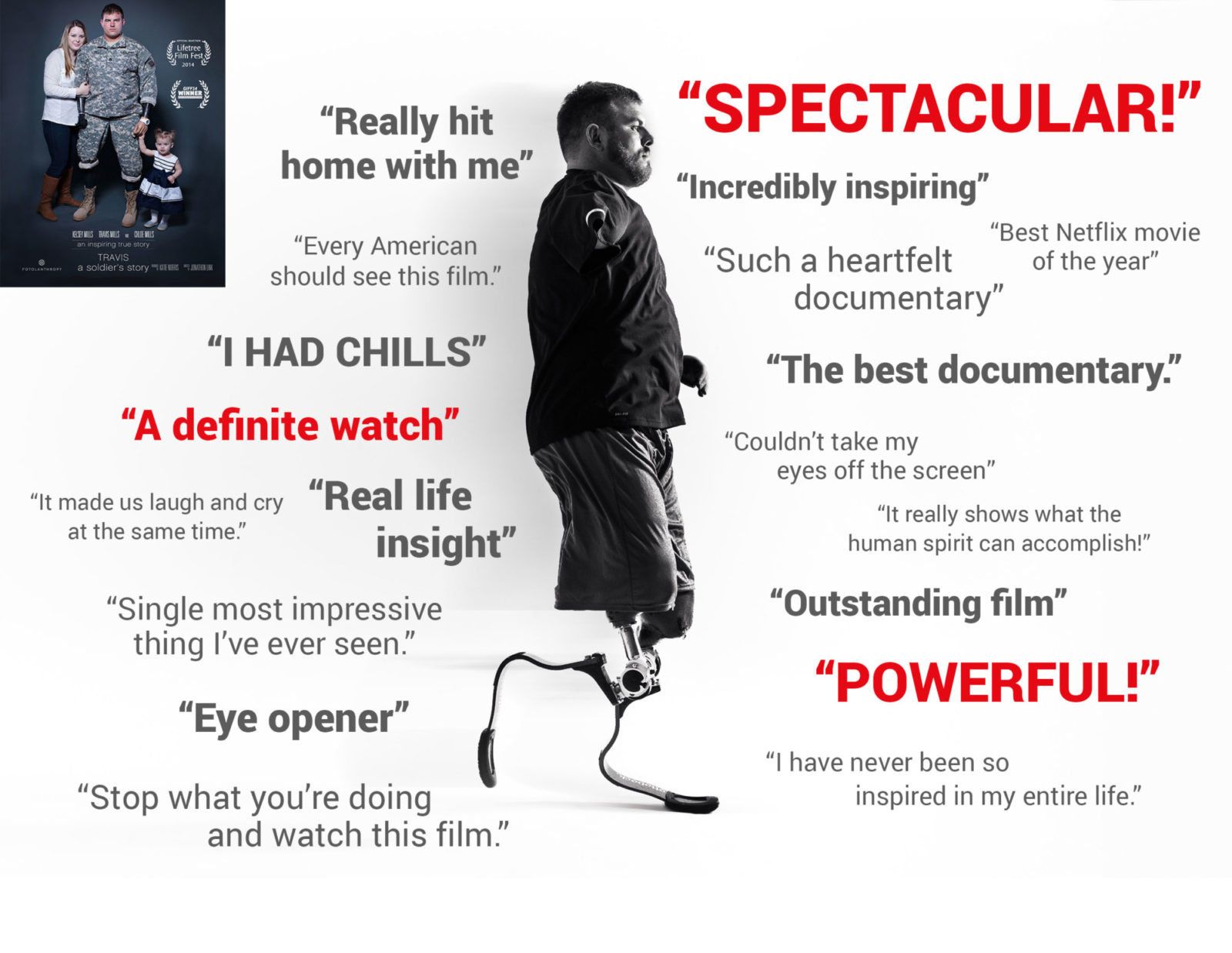 Image showcasing reviews about Travis: A Soldier’s Story. A movie about Army Staff Sergeant Travis Mills.